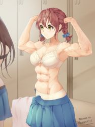 Rule 34 | 1girl, abs, absurdres, bad id, bad pixiv id, biceps, bra, braid, breasts, brown hair, charcoalaaa, cleavage, flexing, highres, large breasts, muscular, muscular female, original, ribbon, skirt, solo, twin braids, twintails, underwear, yellow eyes