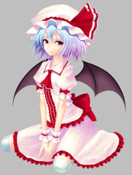 Rule 34 | 1girl, ascot, bat wings, blouse, blue hair, bow, buttons, collared shirt, dress, frilled dress, frilled shirt, frilled skirt, frills, gradient eyes, gradient hair, grey background, hat, hat bow, highres, junior27016, large bow, looking at viewer, mob cap, multicolored eyes, multicolored hair, over-kneehighs, pink dress, pink shirt, pink skirt, pointy ears, puffy sleeves, purple eyes, remilia scarlet, ribbon, shirt, short sleeves, simple background, sitting, skirt, skirt set, smile, solo, thighhighs, touhou, wariza, white thighhighs, wings, wrist cuffs