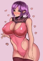 Rule 34 | 1girl, bare shoulders, blue eyes, breasts, covered erect nipples, curvy, female focus, heart, huge breasts, leaning forward, one-piece thong, original, pointy ears, purple hair, short hair, simple background, solo, standing, thighhighs, thighs, zinnruisaikyou