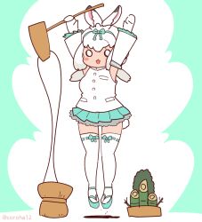 Rule 34 | 1girl, animal ears, arms up, coroha, elbow gloves, extra ears, food, full body, gloves, green background, jacket, jumping, kemono friends, long hair, looking at viewer, mochi, rabbit ears, rabbit girl, rabbit tail, ribbon, sandals, simple background, skirt, sleeveless, solo, tail, thighhighs, tsukuyomi shinshi (kemono friends), white hair, zouri