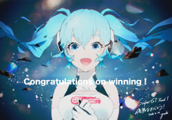 Rule 34 | 1girl, artist name, blue eyes, blue hair, breasts, commentary, copyright name, crying, crying with eyes open, dated, dress, elbow gloves, english commentary, floating hair, gloves, goodsmile racing, hatsune miku, headphones, lens flare, medium breasts, oguchi, racing miku, racing miku (2014), sleeveless, sleeveless dress, solo, straight-on, super gt, tears, vocaloid, white gloves