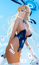 Rule 34 | 1girl, blonde hair, blue archive, blue leotard, bow, bowtie, braid, breasts, card, detached collar, dutch angle, from below, ganet p, halo, highres, large breasts, leotard, long hair, looking back, solo, suitcase, thighhighs, toki (blue archive), toki (bunny) (blue archive), white thighhighs