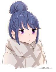 Rule 34 | 1girl, blue hair, coat, dated, hair bun, horikou, jitome, looking at viewer, parted lips, purple eyes, shima rin, signature, simple background, single hair bun, solo, upper body, white background, yurucamp