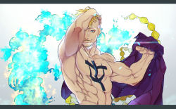 Rule 34 | 1boy, abs, blonde hair, blue eyes, blue fire, facial hair, fire, highres, letterboxed, male focus, marco (one piece), muscular, muyukikiyoshi11521, one piece, stubble, tattoo