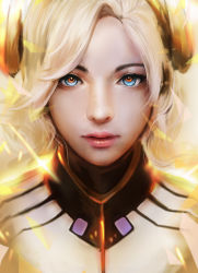 Rule 34 | 1girl, blonde hair, blue eyes, bodysuit, derivative work, eyelashes, haohe buguo, headgear, highres, light particles, lips, long hair, looking at viewer, mercy (overwatch), muju, overwatch, overwatch 1, parted lips, photorealistic, pink lips, portrait, realistic, shards, solo, turtleneck