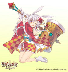 Rule 34 | 1girl, age of ishtaria, animal ears, company name, copyright name, copyright notice, detached sleeves, flower, gloves, hair flower, hair ornament, japanese clothes, kimono, kyoma (yellowxcake), long hair, long sleeves, looking at viewer, low twintails, mallet, obi, official art, one eye closed, open mouth, original, rabbit ears, red eyes, red flower, red rose, rose, sash, short hair with long locks, silver hair, solo, toki no ishutaria, twintails, very long hair, white gloves, wide sleeves