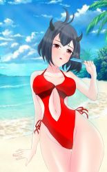 Rule 34 | 1girl, bare shoulders, beach, black clover, black hair, blush, breasts, cloud, cloudy sky, food, highres, horns, ice cream, red eyes, sand, sarahy william, secre swallowtail, short hair, sky, swimsuit, tagme, tongue, tongue out, water