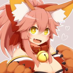 Rule 34 | 1girl, animal ears, animal hands, bell, blush, breasts, cat paws, cleavage, collar, collarbone, fang, fate/grand order, fate (series), fox ears, gloves, hair ribbon, heart, highres, hinotama (hinotama422), jingle bell, large breasts, long hair, looking at viewer, neck bell, open mouth, paw gloves, pink hair, ponytail, ribbon, solo, tamamo (fate), tamamo cat (fate), tamamo cat (first ascension) (fate), yellow eyes