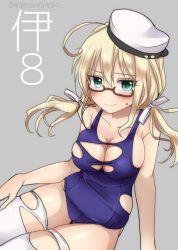 Rule 34 | 10s, 1girl, blonde hair, breasts, glasses, green eyes, hat, i-8 (kancolle), kantai collection, large breasts, long hair, looking at viewer, one-piece swimsuit, pororigenki, red-framed eyewear, school swimsuit, solo, sweatdrop, swimsuit, thighhighs, torn clothes, twintails, twitter username, white thighhighs