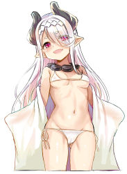 Rule 34 | 1girl, :d, bare shoulders, bikini, breasts, cameltoe, cropped legs, curled horns, fang, gluteal fold, groin, hair over one eye, highres, horns, long hair, looking at viewer, medium breasts, navel, open mouth, original, pointy ears, red eyes, short eyebrows, side-tie bikini bottom, silver hair, simple background, smile, solo, stomach, swimsuit, thick eyebrows, unname, very long hair, white background, white bikini