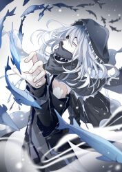 Rule 34 | 1boy, bishounen, black jacket, black pants, black scarf, black sleeves, caviar (food fantasy), chinese commentary, commentary request, covered mouth, cowboy shot, detached sleeves, eyelashes, eyepatch, fish, floating hair, food fantasy, gradient background, grey background, grey eyes, grey hair, hair between eyes, hood, hood up, jacket, kageuri, long sleeves, looking at viewer, looking to the side, male focus, medium hair, one eye covered, pants, scarf, sidelocks, sleeveless, sleeveless jacket, solo, standing, white background, zipper, zipper pull tab