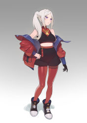 Rule 34 | 1girl, bare shoulders, black footwear, black gloves, black shorts, breasts, closed mouth, commentary, crop top, edelgard von hresvelg, english commentary, fire emblem, fire emblem: three houses, full body, gloves, gradient background, grey background, high-waist shorts, highleg shorts, jacket, long hair, long sleeves, looking at viewer, medium breasts, nintendo, open clothes, open jacket, pantyhose, purple eyes, red jacket, red pantyhose, shoes, shorts, side ponytail, sidelocks, silver hair, single glove, smile, sneakers, solo, standing, timbougami