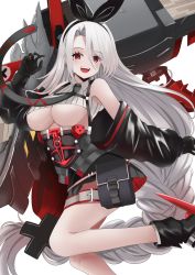 Rule 34 | 1girl, :d, absurdly long hair, azur lane, bag, belt, black gloves, braid, breasts, chain, cleavage, commentary request, detached sleeves, eyes visible through hair, gloves, hair between eyes, hairband, highres, long hair, looking at viewer, low-braided long hair, low-tied long hair, low ponytail, machinery, manjirou (manji illust), necktie, open mouth, pleated skirt, prinz heinrich (azur lane), red eyes, sidelocks, simple background, single braid, skirt, smile, solo, standing, standing on one leg, turret, underboob, very long hair, white background, white hair, wide sleeves