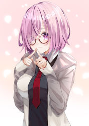 Rule 34 | 1girl, absurdres, bad id, bad pixiv id, blush, breasts, closed mouth, fate/grand order, fate (series), glasses, hair over one eye, hands up, highres, large breasts, long sleeves, looking at viewer, mash kyrielight, necktie, one eye covered, pink hair, purple eyes, purple hair, short hair, simple background, sinobi illust, smile, solo