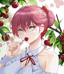Rule 34 | 1girl, absurdres, branch, cherry, closed mouth, food, fruit, grey eyes, hand up, highres, looking at viewer, neck ribbon, original, red hair, red ribbon, ribbon, short hair, siha, solo, upper body, wrist cuffs