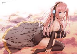 Rule 34 | 1girl, backless outfit, bare shoulders, black dress, blue eyes, breasts, dress, hairband, high heels, highres, large breasts, long hair, looking at viewer, megurine luka, open mouth, pink hair, saitou masatsugu, sitting, solo, thighhighs, vocaloid, wariza