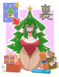 Rule 34 | 1girl, alternate hair color, arrow (symbol), barefoot, blush, box, breasts, christmas, christmas tree, christmas tree costume, cleavage, closed eyes, commentary request, curvy, elbow gloves, gift, gift box, glasses, gloves, green gloves, green hair, honky, kneeling, large breasts, leotard, long hair, pantyhose, playboy bunny, red-framed eyewear, see-through, see-through legwear, semi-rimless eyewear, sidelocks, solo, star (symbol), sweatdrop, under-rim eyewear, very long hair, wavy mouth, yonezawa natsumi, yuusha to maou
