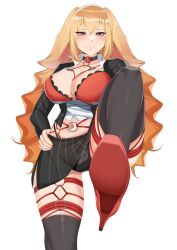 Rule 34 | 1girl, animal ears, ball gag, black jacket, black panties, black skirt, black suit, black thighhighs, blonde hair, blush, bondage outfit, bra, breasts, closed mouth, collarbone, collared shirt, eyelashes, formal, gag, high heels, highleg, highleg panties, highres, jacket, large breasts, long hair, looking at viewer, lop rabbit ears, mole, mole on breast, navel, o-ring, olyukenit, open clothes, open jacket, panties, pinstripe pattern, pinstripe skirt, pinstripe suit, rabbit ears, rabbit girl, red bra, red eyes, red footwear, second-party source, shibi cottonbum, shirt, skirt, smile, solo, suit, thighhighs, underwear, vallure, virtual youtuber, white shirt