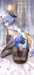 Rule 34 | 1girl, ahoge, ass, back, backless outfit, bare shoulders, bed, black pantyhose, blue hair, bodystocking, bodysuit, breasts, curtains, detached sleeves, feet, from behind, ganyu (genshin impact), genshin impact, gold trim, highres, horns, kamue, kneeling, legs, long hair, looking at viewer, looking back, medium breasts, no shoes, pantyhose, purple eyes, sidelocks, soles, solo, toes, variant set, waist cape, white sleeves