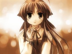 Rule 34 | 00s, 1girl, :d, ahoge, apron, blush, brown hair, game cg, long hair, looking at viewer, monochrome, narukaze minamo, open mouth, pinky out, ribbon, sepia, smile, solo, upper body, wind, wind a breath of heart, yuuki tatsuya