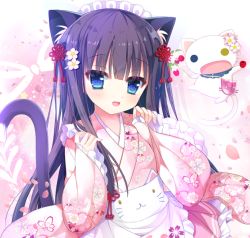 Rule 34 | 1girl, :d, animal, animal ear fluff, animal ears, apron, black hair, blue eyes, blush, cat, cat ears, cat girl, cat tail, commentary request, frilled apron, frilled skirt, frilled sleeves, frills, head tilt, heterochromia, japanese clothes, kimono, long hair, long sleeves, looking at viewer, maid, maid headdress, open mouth, original, pinching sleeves, pink kimono, pink skirt, shiwasu horio, short kimono, skirt, sleeves past wrists, smile, solo, tail, very long hair, wa maid, waist apron, white apron, wide sleeves, yellow eyes