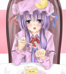 Rule 34 | 1girl, blush, cake, crescent hat ornament, feeding, female focus, food, fork, fruit, hat, hat ornament, incoming food, looking at viewer, pastry, patchouli knowledge, pov across table, pov feeding, purple eyes, purple hair, ram hachimin, ribbon, solo, strawberry, touhou