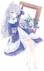 Rule 34 | 1girl, :d, absurdres, arm up, bad id, bad pixiv id, barefoot, blue bow, blue dress, blue eyes, blue flower, blue rose, blush, bow, commentary, dress, flower, frilled dress, frills, full body, grey hair, hair between eyes, highres, long hair, open mouth, original, picture frame, purple flower, rose, short sleeves, simple background, smile, solo, symbol-only commentary, tsukiyo (skymint), very long hair, white background, white flower, wide sleeves
