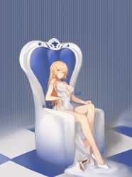 Rule 34 | 1girl, absurdres, armchair, artist name, bare legs, barefoot, blonde hair, braid, breasts, chair, checkered floor, cleavage, closed mouth, dress, fur, girls&#039; frontline, high heels, highres, jewelry, ku rong, legs, long hair, looking at viewer, medium breasts, nail polish, nail polish bottle, necklace, ots-14 (girls&#039; frontline), pink nails, sitting, solo, striped, striped background, white dress, white footwear, yellow eyes