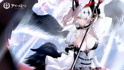 Rule 34 | 1girl, azur lane, black wings, blue sky, breasts, choker, cleavage, cloud, cloudy sky, commentary request, copyright name, dress, feathered wings, fingerless gloves, gloves, hair ornament, highres, holding, holding weapon, joffre (azur lane), logo, long hair, looking at viewer, medium breasts, official art, puffy sleeves, red eyes, simple background, sky, smile, solo, sunlight, sword, twintails, upper body, weapon, white hair, wide sleeves, wings, yonemuro