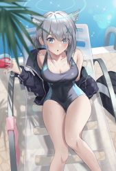 Rule 34 | 1girl, beach chair, black one-piece swimsuit, blue archive, blue eyes, blue one-piece swimsuit, breasts, competition swimsuit, cross hair ornament, cup, drinking glass, earrings, extra ears, grey hair, hair ornament, halo, highleg, highleg swimsuit, highres, holding, holding cup, jewelry, large breasts, mismatched pupils, multicolored clothes, multicolored swimsuit, one-piece swimsuit, ponytail, pool ladder, poolside, resolution mismatch, shiroko (blue archive), shiroko (swimsuit) (blue archive), sitting, solo, source smaller, stud earrings, swimsuit, two-tone swimsuit, uha