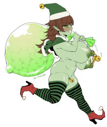 Rule 34 | bell, blush, boots, braid, breasts, brown hair, capelet, christmas, colored skin, condom, crown braid, cum, elf, f.w.zholic, green eyes, green skin, hat, high heel boots, high heels, highres, huge breasts, jingle bell, large areolae, large breasts, long hair, nipple piercing, piercing, pointy ears, pointy footwear, pussy piercing, santa costume, santa hat, skindentation, smile, striped clothes, striped thighhighs, swept bangs, thighhighs, used condom