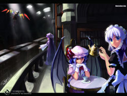 Rule 34 | 4girls, :o, bad id, bad pixiv id, chair, dress, female focus, flandre scarlet, izayoi sakuya, looking at viewer, multiple girls, parted lips, patchouli knowledge, pink dress, puffy short sleeves, puffy sleeves, remilia scarlet, short sleeves, silver hair, sitting, surprised, swimsuit, table, embodiment of scarlet devil, touhou, vampire, x-boy
