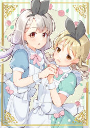 Rule 34 | 2girls, animal ears, apron, black hairband, blue dress, blue eyes, blush, bow, bowtie, braid, braided bangs, breasts, brown eyes, brown hair, dot nose, dress, drill hair, earrings, fake animal ears, flat chest, flower, frilled apron, frills, green dress, grey hair, hair bow, hair ribbon, hairband, hand up, highres, hisakawa nagi, holding hands, idolmaster, idolmaster cinderella girls, idolmaster cinderella girls starlight stage, interlocked fingers, jewelry, leaf, light brown hair, long hair, looking at another, looking at viewer, low twintails, morikubo nono, multiple girls, open mouth, pink bow, pink bowtie, pink flower, pink ribbon, pink rose, puffy short sleeves, puffy sleeves, rabbit earrings, rabbit ears, ribbon, ringlets, rose, shisui (5830217), short sleeves, small breasts, striped, striped background, twintails, waist bow, white apron, white bow, white ribbon, white wrist cuffs, wrist cuffs