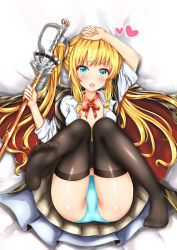 Rule 34 | 1girl, absurdres, ahoge, amazon (azur lane), ass, azur lane, black gloves, black skirt, black thighhighs, blonde hair, blue eyes, blue panties, blush, cape, collarbone, crotch, fang, feet, feet up, full body, gloves, groin, hair ornament, heart, highres, hime-ya tsubaki, holding, holding sword, holding weapon, long hair, looking at viewer, lying, neck ribbon, on back, open clothes, open mouth, open shirt, panties, pleated skirt, rapier, ribbon, shiny skin, skirt, smile, solo, sword, thighhighs, thighs, twintails, underwear, weapon