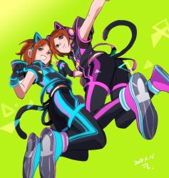 Rule 34 | 2boys, animal ears, aoi hinata, aoi yuta, boots, cat ears, dated, ensemble stars!, fake animal ears, green background, holding hands, highres, looking at viewer, male focus, multiple boys, neon trim, orange hair, paw pose, shoes, short hair, shorts, simple background, sneakers, twintails