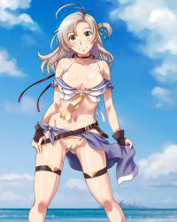 Rule 34 | 1girl, adapted costume, ahoge, beach, belt, bikini, bikini bottom only, blue sky, blush, breasts, brown gloves, buckle, cameltoe, closed mouth, cloud, cruiser, day, fingerless gloves, gloves, gluteal fold, green eyes, groin, hand on own thigh, hand on thigh, historical name connection, imperial japanese navy, kantai collection, kinugasa (cruiser), kinugasa (kancolle), large breasts, long hair, looking at viewer, military, military vehicle, name connection, navel, object namesake, ocean, one side up, pink hair, sameha ikuya, ship, skindentation, sky, smile, solo, stomach, swimsuit, thigh strap, warship, watercraft, yellow bikini