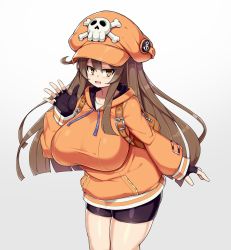 Rule 34 | 1girl, alternate breast size, alternate costume, anchor symbol, backpack, bag, bike shorts, black shorts, blush, breasts, brown hair, curvy, fingerless gloves, gloves, grey background, guilty gear, guilty gear strive, hair between eyes, hat, highres, hood, hoodie, huge breasts, long hair, long sleeves, may (guilty gear), open mouth, oppai loli, orange eyes, orange hat, orange hoodie, plump, sawati, shorts, sidelocks, simple background, skindentation, skull and crossbones, smile, solo, thick thighs, thighs, waving