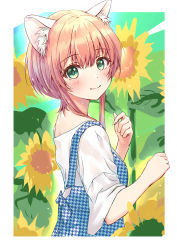 Rule 34 | 1girl, animal ears, blush, brown hair, cat ears, day, flower, green eyes, highres, houndstooth, inu tagatan, original, outdoors, shirt, short hair, smile, solo, standing, sunflower, unmoving pattern, upper body, white shirt