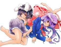 Rule 34 | 2girls, animal ears, arm rest, barefoot, black hair, carrot necklace, dress, extra ears, fang, hidamari (artist), hidamari (mizuiro yume koubou), highres, inaba tewi, jacket, jewelry, light purple hair, long hair, long sleeves, looking at viewer, lying, lying on person, multiple girls, necklace, necktie, on side, parted lips, pendant, pink dress, pleated skirt, rabbit ears, rabbit girl, rabbit tail, red eyes, red necktie, reisen udongein inaba, short hair, short sleeves, simple background, skirt, suit jacket, tail, touhou, white background