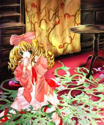 Rule 34 | 00s, 1girl, blonde hair, bow, covering own mouth, drill hair, green eyes, hand over own mouth, hinaichigo, long hair, pink bow, rozen maiden, solo