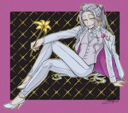 Rule 34 | 1boy, androgynous, arm out of sleeve, arm support, black background, border, boutonniere, bow, bowtie, bungou to alchemist, center frills, closed mouth, crossed legs, flower, formal, frilled shirt collar, frills, full body, grey hair, hair ornament, hair slicked back, hair stick, half-closed eyes, high heels, holding, holding flower, invisible chair, jacket, lapel pin, lily (flower), lipstick, long hair, long sleeves, looking at viewer, makeup, male focus, nail polish, outside border, patterned background, pink border, pink flower, pink lips, pink rose, pink vest, ponytail, rose, shirt, sidelocks, signature, sitting, smile, solo, suit, tanizaki junichirou (bungou to alchemist), tasikanakoto, tassel, tassel hair ornament, traditional bowtie, two-sided fabric, two-sided jacket, vest, white bow, white bowtie, white footwear, white jacket, white shirt, white suit, yellow eyes, yellow flower, yellow nails
