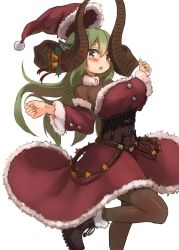 Rule 34 | 159cm, 1girl, :o, ankle boots, belt, blush, bodystocking, boots, breasts, brown belt, brown footwear, curled horns, detached sleeves, dot nose, dress, floating hair, fur-trimmed headwear, fur-trimmed sleeves, fur trim, gran-chan (159cm), green hair, grey eyes, hat, heterochromia, horn bell, horn ornament, horn ribbon, horns, large breasts, long sleeves, looking at viewer, original, parted lips, red hat, red ribbon, ribbon, santa costume, santa dress, santa hat, simple background, solo, standing, standing on one leg, white background, yellow eyes
