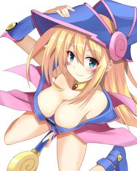 Rule 34 | 1girl, bare shoulders, blonde hair, blue eyes, blush, blush stickers, breasts, choker, cleavage, collarbone, dark magician girl, dress, duel monster, eve dizzy, from above, gem, groin, hand on headwear, hat, kneeling, large breasts, long hair, looking at viewer, off-shoulder dress, off shoulder, pentacle, pentagram, pink skirt, showgirl skirt, simple background, skirt, smile, solo, staff, vambraces, white background, wizard hat, yu-gi-oh!