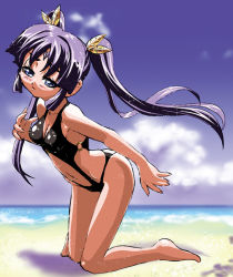 Rule 34 | 00s, 1girl, 26 (sister freedom), beach, blue eyes, blush, casual one-piece swimsuit, circlet, day, hair ribbon, kneeling, leaning forward, navel, one-piece swimsuit, outdoors, purple hair, ribbon, shadow, sister freedom, sister princess, solo, swimsuit, twintails, wet