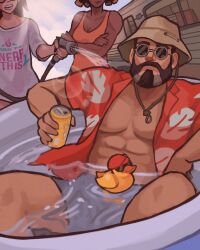 Rule 34 | 1boy, 2girls, abs, alternate costume, bara, bare pectorals, beard, brimstone (valorant), brown hair, facial hair, feet out of frame, grey hair, grey male swimwear, hat, hawaiian shirt, highres, holding, holding hose, hose, killjoy (valorant), large pectorals, looking at viewer, male focus, male swimwear, mature male, multiple girls, muscular, muscular male, mustache, nipples, old, old man, out of frame, partially submerged, pectorals, raze (valorant), round eyewear, rubber duck, shirt, short hair, sitting, solo focus, spread legs, sunglasses, tadaoki art, thick eyebrows, two-tone beard, valorant
