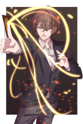 1boy absurdres black_background black_jacket black_pants brown_eyes brown_hair card cowboy_shot earrings formal hair_between_eyes highres holding holding_card jacket jewelry kagami_hayato kagami_hayato_(1st_costume) karahai_(31448823) long_sleeves male_focus nijisanji open_mouth pants shirt simple_background solo suit virtual_youtuber white_shirt