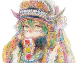Rule 34 | androgynous, buttons, closed mouth, coin (ornament), facepaint, flower, fur trim, gem, gender request, green hair, hair between eyes, headdress, horns, lace, looking at viewer, midoritaitu, original, painting (medium), pom pom (clothes), red flower, red rose, rose, simple background, solo, traditional clothes, traditional media, turtleneck, upper body, watercolor (medium), white background, yellow eyes, yellow flower, yellow rose