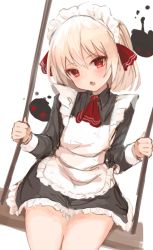 Rule 34 | 1girl, apron, ascot, black dress, black sleeves, blonde hair, blush, collar, collared dress, dress, fang, hair between eyes, hair ribbon, hands up, long sleeves, looking at viewer, maid, maid headdress, open mouth, red eyes, red ribbon, ribbon, rumia, short hair, simple background, sitting, solarisu, solo, tongue, touhou, white apron, white background, yellow ascot