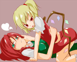 Rule 34 | 2girls, asymmetrical hair, bacho, blonde hair, blush, female focus, flandre scarlet, girl on top, green eyes, heart, hong meiling, looking at viewer, lying, midriff, multiple girls, naughty face, no headwear, no headwear, red eyes, red hair, saliva, saliva trail, side ponytail, straddling, embodiment of scarlet devil, tongue, touhou, wings, yuri