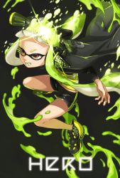 Rule 34 | 1girl, bike shorts, black background, black cape, black footwear, black shirt, black shorts, blunt bangs, brown eyes, cape, colored tongue, commentary request, diffraction spikes, english text, fangs, frown, green hair, green tongue, headgear, hero shot (splatoon), holding, holding weapon, inkling, inkling girl, inkling player character, long hair, long sleeves, nintendo, no legwear, open mouth, paint splatter, shirt, shoes, short shorts, shorts, single vertical stripe, solo, splatoon (series), splatoon 1, squidbeak splatoon, standing, tentacle hair, very long hair, vest, weapon, yellow vest, yeneny